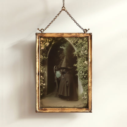 Vintage Retro Aesthetic Poster, Black Cat Witch Art Print, Feline Wizard in a Mystical Garden | Dark Academia, Whimsical Wall Art