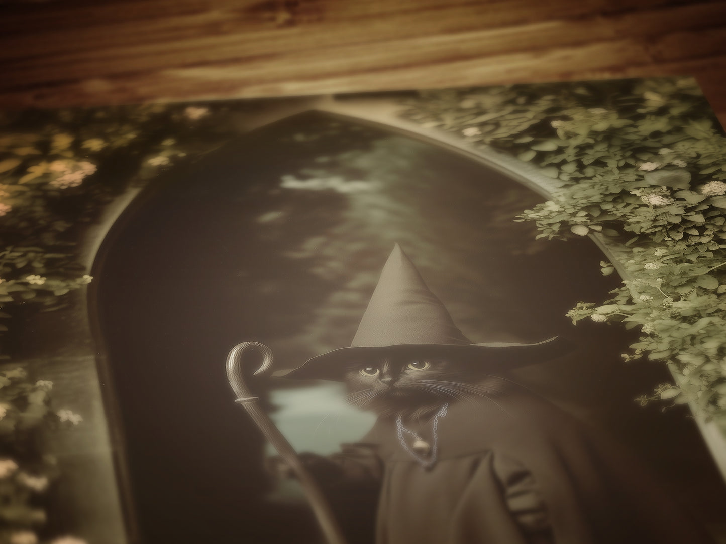 Vintage Retro Aesthetic Poster, Black Cat Witch Art Print, Feline Wizard in a Mystical Garden | Dark Academia, Whimsical Wall Art