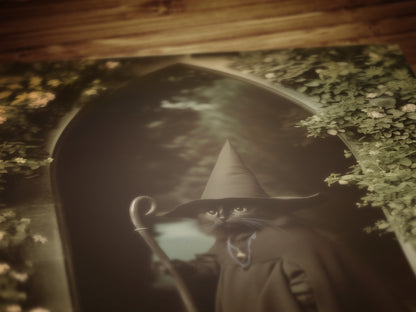 Vintage Retro Aesthetic Poster, Black Cat Witch Art Print, Feline Wizard in a Mystical Garden | Dark Academia, Whimsical Wall Art