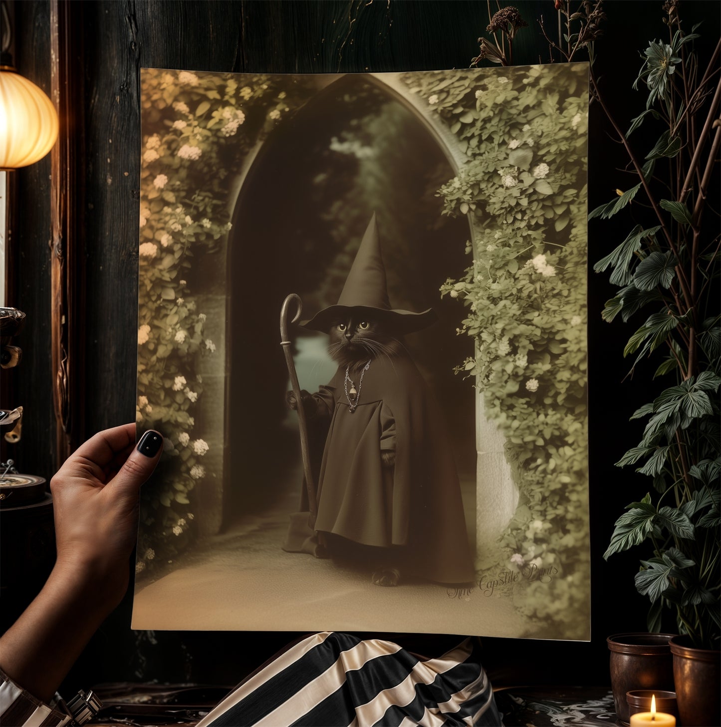 Vintage Retro Aesthetic Poster, Black Cat Witch Art Print, Feline Wizard in a Mystical Garden | Dark Academia, Whimsical Wall Art