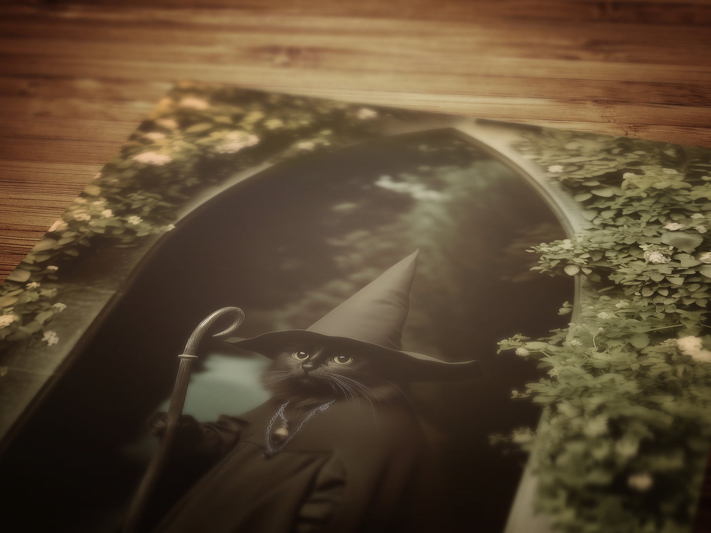 Vintage Retro Aesthetic Poster, Black Cat Witch Art Print, Feline Wizard in a Mystical Garden | Dark Academia, Whimsical Wall Art