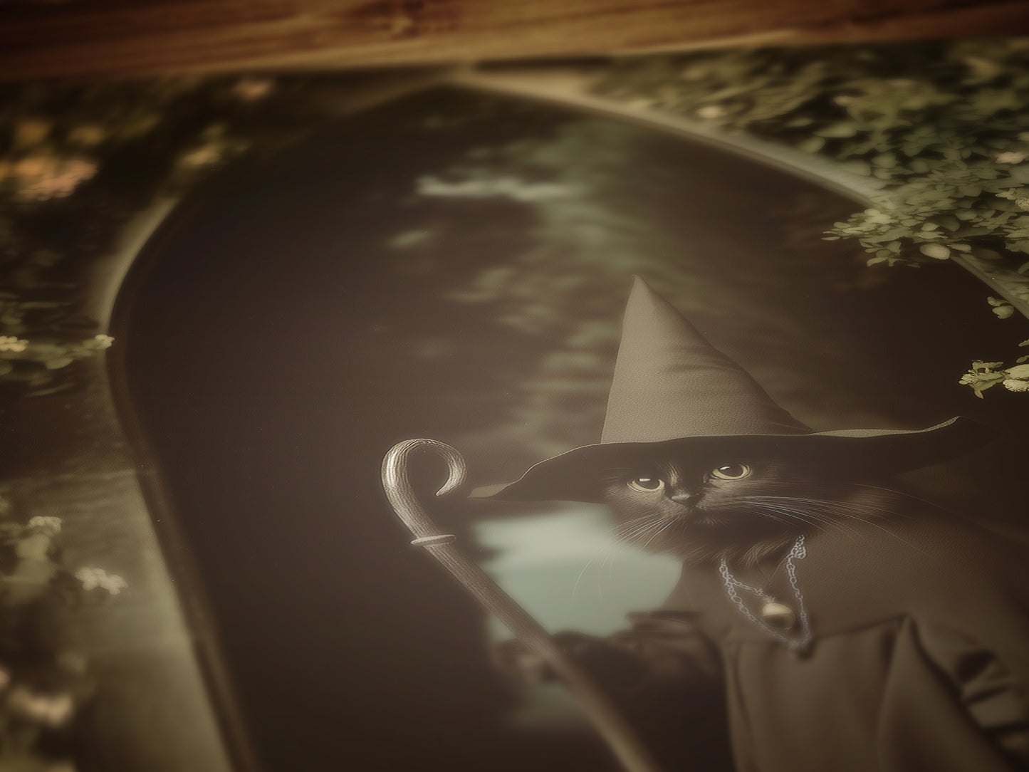 Vintage Retro Aesthetic Poster, Black Cat Witch Art Print, Feline Wizard in a Mystical Garden | Dark Academia, Whimsical Wall Art