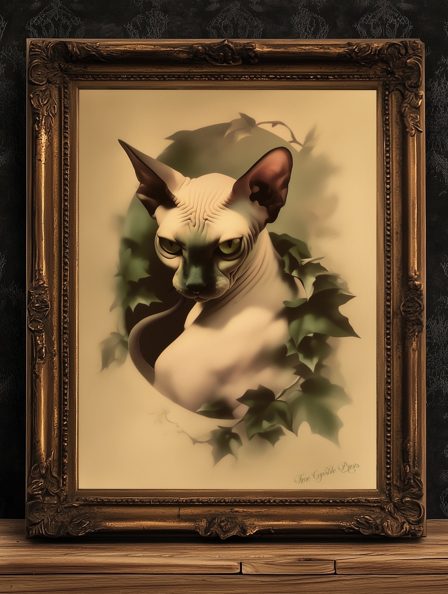 Sphynx Cat Portrait with Ivy, Gothic Vintage Moody Cabinet Card Postcard Wall Art Decor, Goth Sepia Aesthetic, Dark Academia Prints