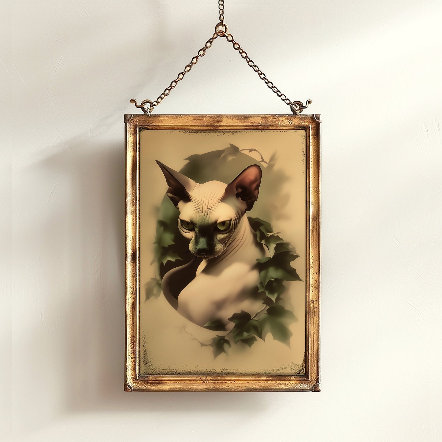 Sphynx Cat Portrait with Ivy, Gothic Vintage Moody Cabinet Card Postcard Wall Art Decor, Goth Sepia Aesthetic, Dark Academia Prints
