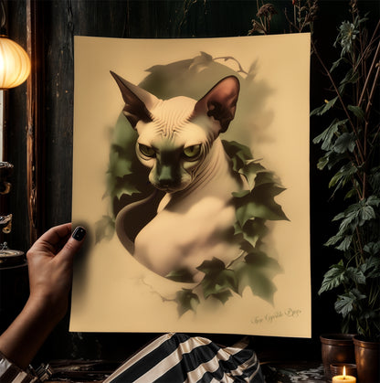 Sphynx Cat Portrait with Ivy, Gothic Vintage Moody Cabinet Card Postcard Wall Art Decor, Goth Sepia Aesthetic, Dark Academia Prints