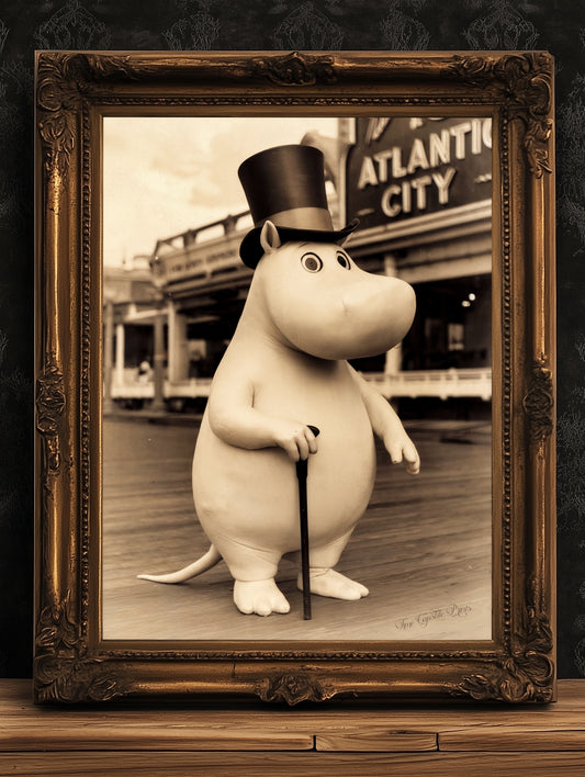 Vintage Elegant Moomin In Top Hat, Whimsical Decor, Nostalgic Digital Art Print in Sepia Tone, Retro Cartoon Wall Decor, Nursery Decor