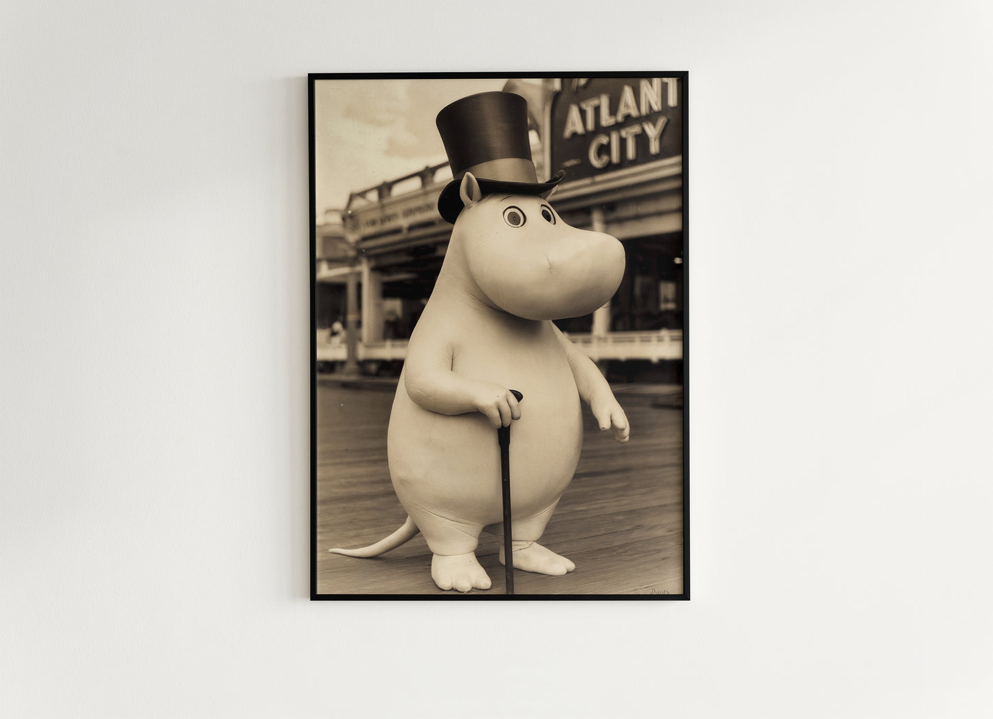 Vintage Elegant Moomin In Top Hat, Whimsical Decor, Nostalgic Digital Art Print in Sepia Tone, Retro Cartoon Wall Decor, Nursery Decor