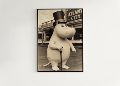Vintage Elegant Moomin In Top Hat, Whimsical Decor, Nostalgic Digital Art Print in Sepia Tone, Retro Cartoon Wall Decor, Nursery Decor