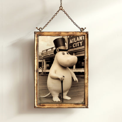 Vintage Elegant Moomin In Top Hat, Whimsical Decor, Nostalgic Digital Art Print in Sepia Tone, Retro Cartoon Wall Decor, Nursery Decor
