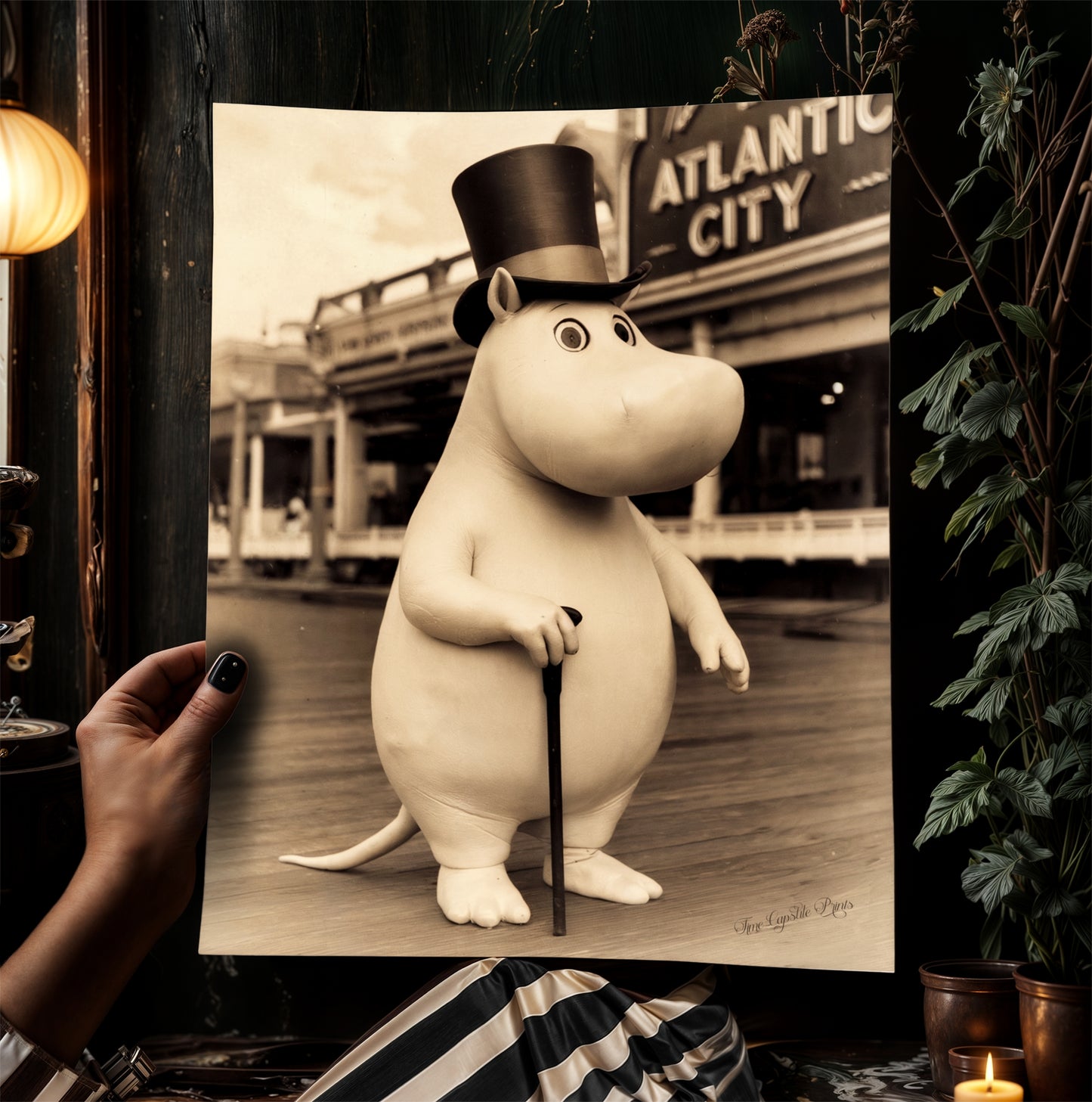 Vintage Elegant Moomin In Top Hat, Whimsical Decor, Nostalgic Digital Art Print in Sepia Tone, Retro Cartoon Wall Decor, Nursery Decor