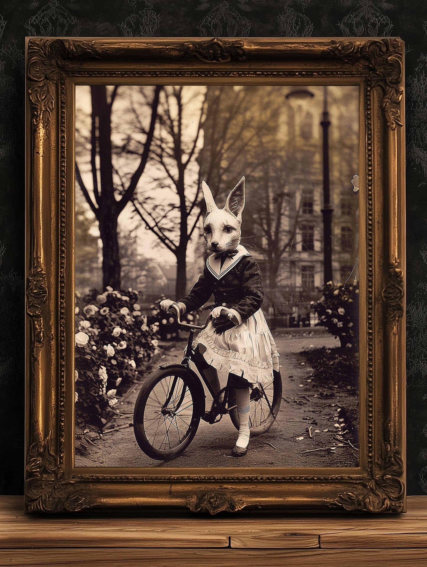 Gothic Fox On A Bike, Victorian Vintage photography, Weird Spooky Art Print, Occult Poster. Odd & Creepy, Dark Academia Decor