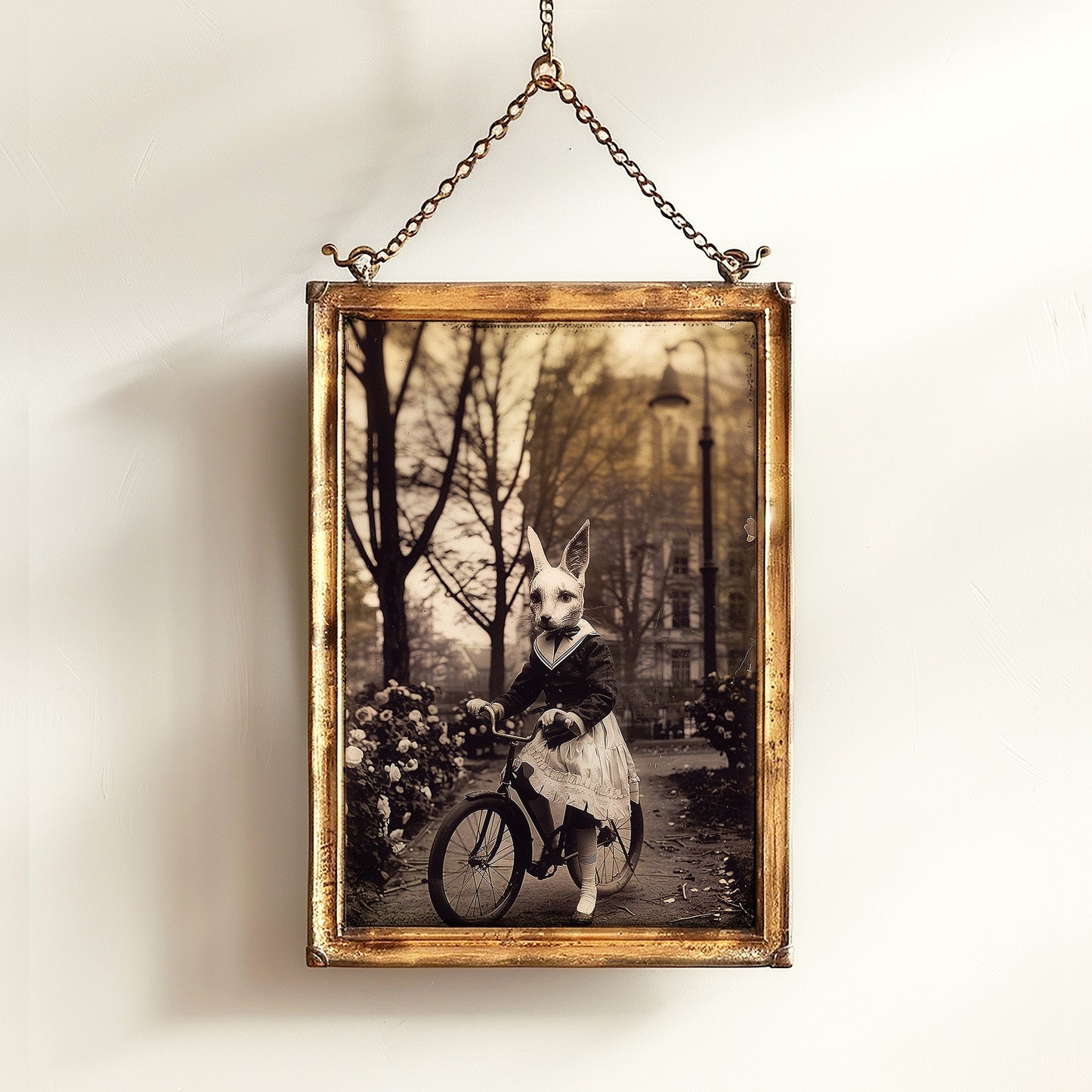 Gothic Fox On A Bike, Victorian Vintage photography, Weird Spooky Art Print, Occult Poster. Odd & Creepy, Dark Academia Decor