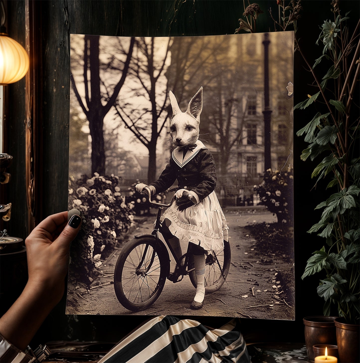Gothic Fox On A Bike, Victorian Vintage photography, Weird Spooky Art Print, Occult Poster. Odd & Creepy, Dark Academia Decor