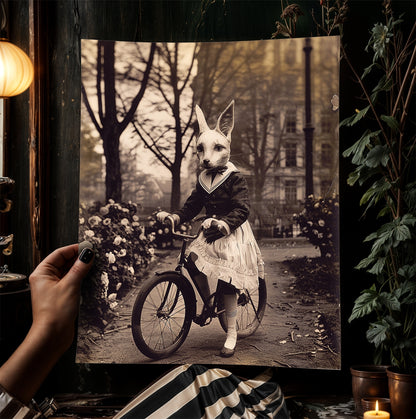 Gothic Fox On A Bike, Victorian Vintage photography, Weird Spooky Art Print, Occult Poster. Odd & Creepy, Dark Academia Decor