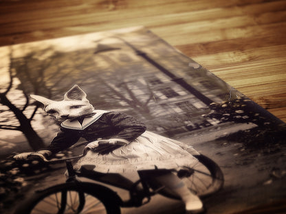 Gothic Fox On A Bike, Victorian Vintage photography, Weird Spooky Art Print, Occult Poster. Odd & Creepy, Dark Academia Decor