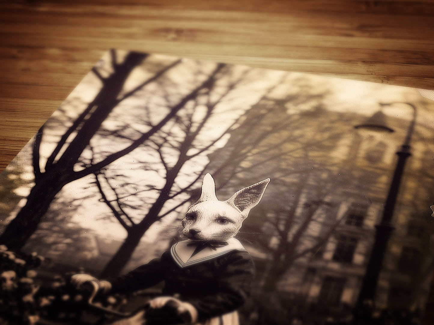 Gothic Fox On A Bike, Victorian Vintage photography, Weird Spooky Art Print, Occult Poster. Odd & Creepy, Dark Academia Decor