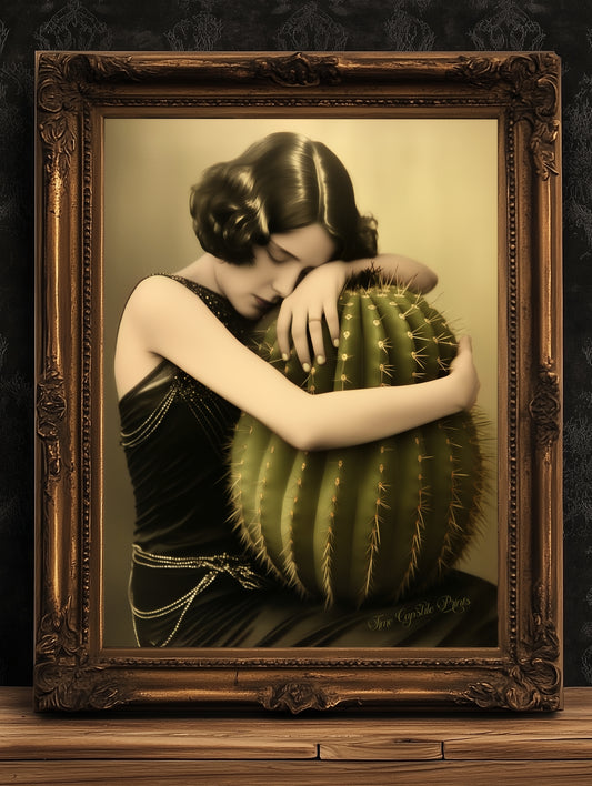 A Dangerous Love, Vintage Poster Woman Holding a Cactus | Retro Houseplant Lover Print, Gift For Gardener