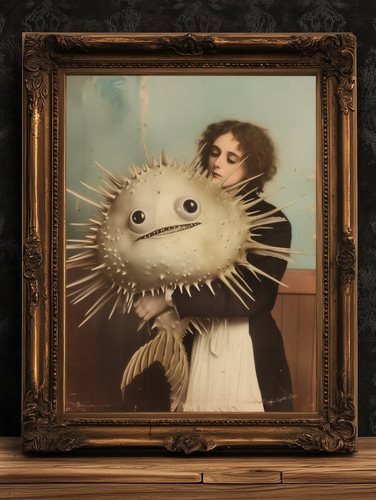 A Fishy Situation, Woman with Pufferfish, Vintage Inspired Gothic Decor, Surreal Weird Wall Hanging Print, Funny Fishing Gifts