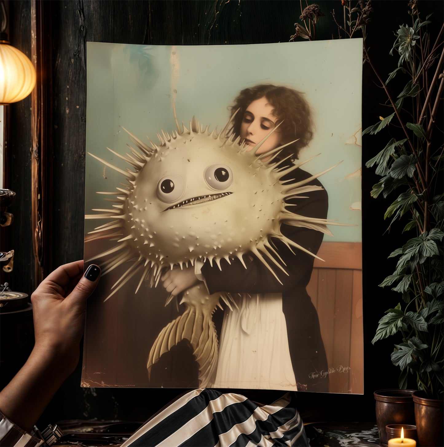 A Fishy Situation Woman with Pufferfish Gothic Decor Print