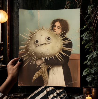 A Fishy Situation Woman with Pufferfish Gothic Decor Print