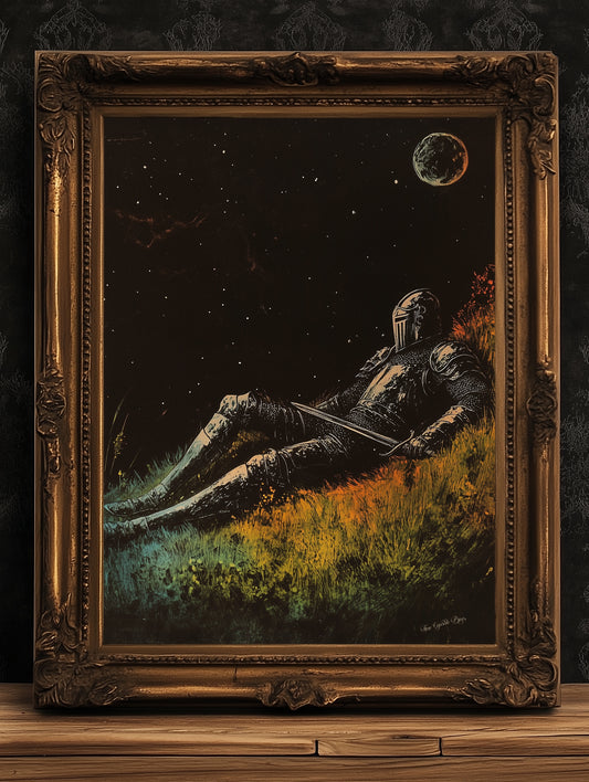 Celestial Knight Art Print – Retro Medieval Goth Fantasy Wall Decor, Dark Gothic Warrior Poster, Cosmic Dreamscape Illustration