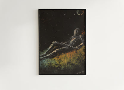 Celestial Knight Art Print – Retro Medieval Goth Fantasy Wall Decor, Dark Gothic Warrior Poster, Cosmic Dreamscape Illustration