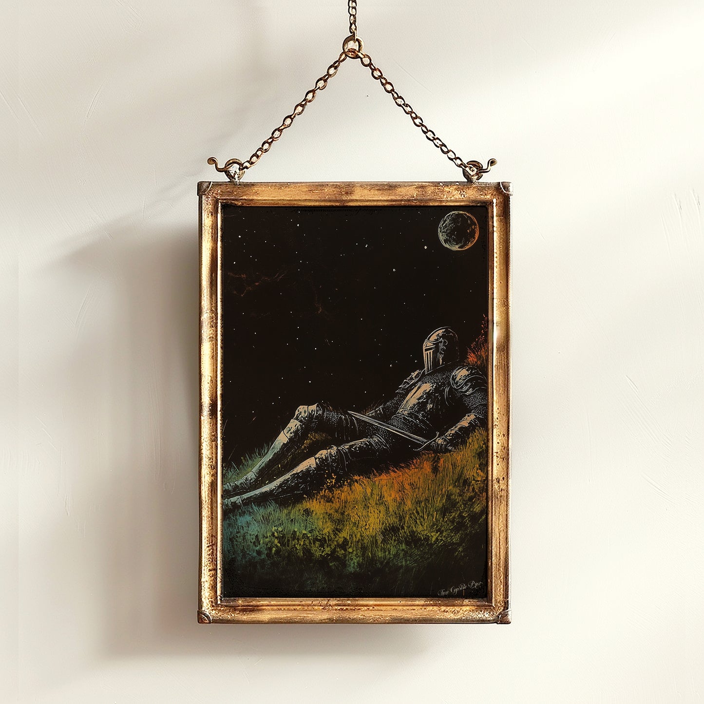 Celestial Knight Art Print – Retro Medieval Goth Fantasy Wall Decor, Dark Gothic Warrior Poster, Cosmic Dreamscape Illustration