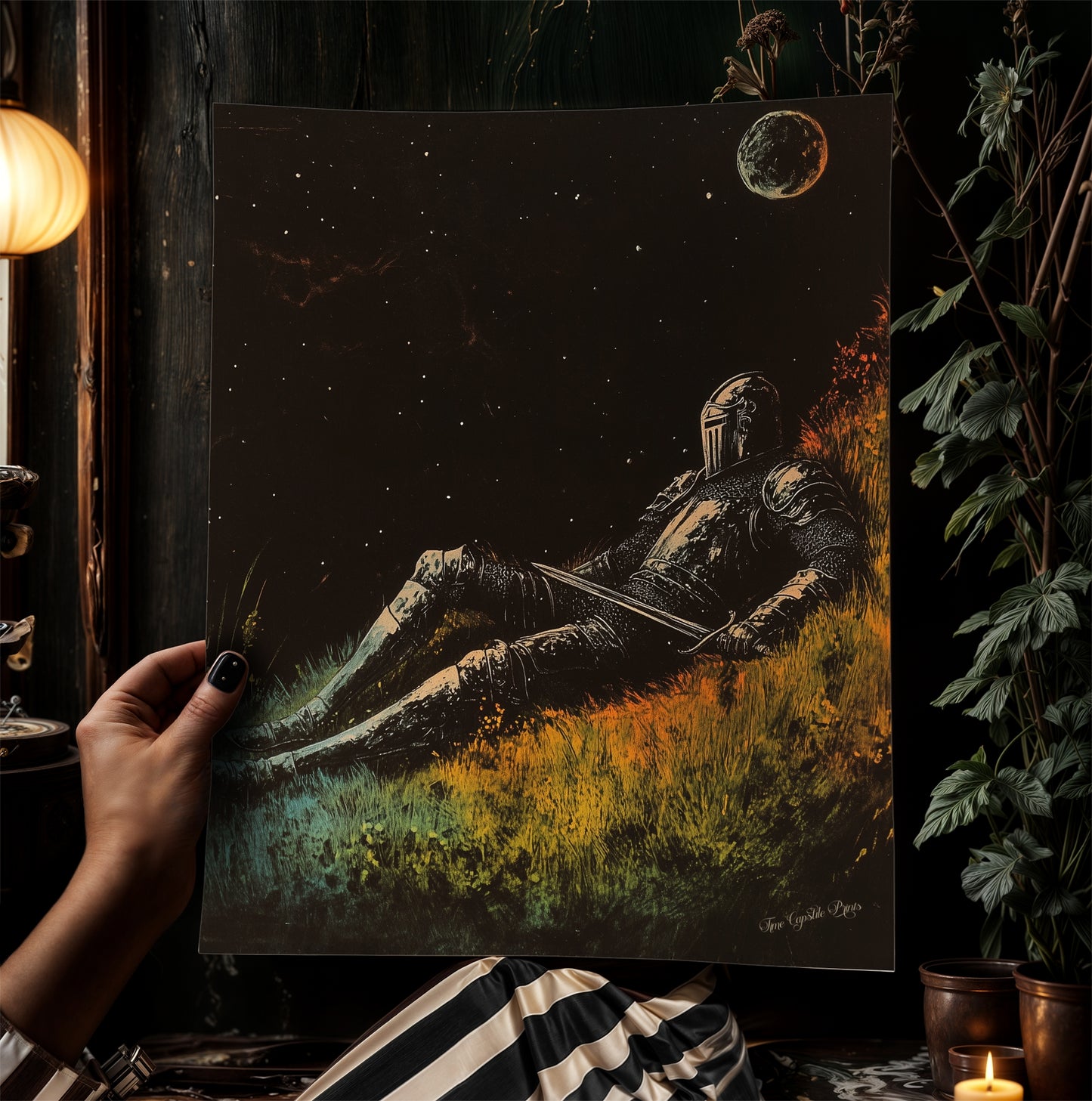 Celestial Knight Art Print – Retro Medieval Goth Fantasy Wall Decor, Dark Gothic Warrior Poster, Cosmic Dreamscape Illustration