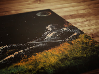 Celestial Knight Art Print – Retro Medieval Goth Fantasy Wall Decor, Dark Gothic Warrior Poster, Cosmic Dreamscape Illustration