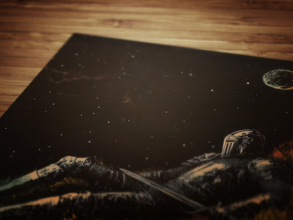 Celestial Knight Art Print – Retro Medieval Goth Fantasy Wall Decor, Dark Gothic Warrior Poster, Cosmic Dreamscape Illustration