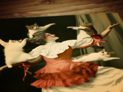 Vintage Dancer Cat Lady Art Poster Photograph, Childless Cat Lady Art Print, Circus Inspired Gothic Decor, Surreal Weird Wall Hanging Print