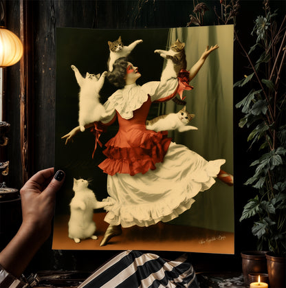 Vintage Dancer Cat Lady Art Poster Photograph, Childless Cat Lady Art Print, Circus Inspired Gothic Decor, Surreal Weird Wall Hanging Print