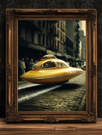 Retro Futuristic Print Vintage Sci-Fi UFO Taxi Wall Art