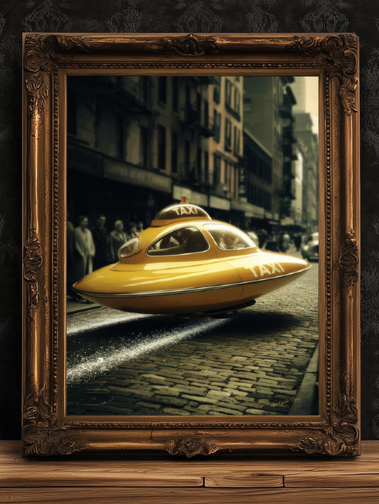 Retro Futuristic Taxi Art Print - Vintage Sci-Fi UFO Taxi Wall Art - Steampunk Urban Decor - Retro Futurism Weird Items & Aesthetic Gift