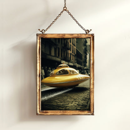 Retro Futuristic Print Vintage Sci-Fi UFO Taxi Wall Art