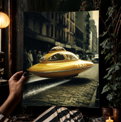 Retro Futuristic Print Vintage Sci-Fi UFO Taxi Wall Art