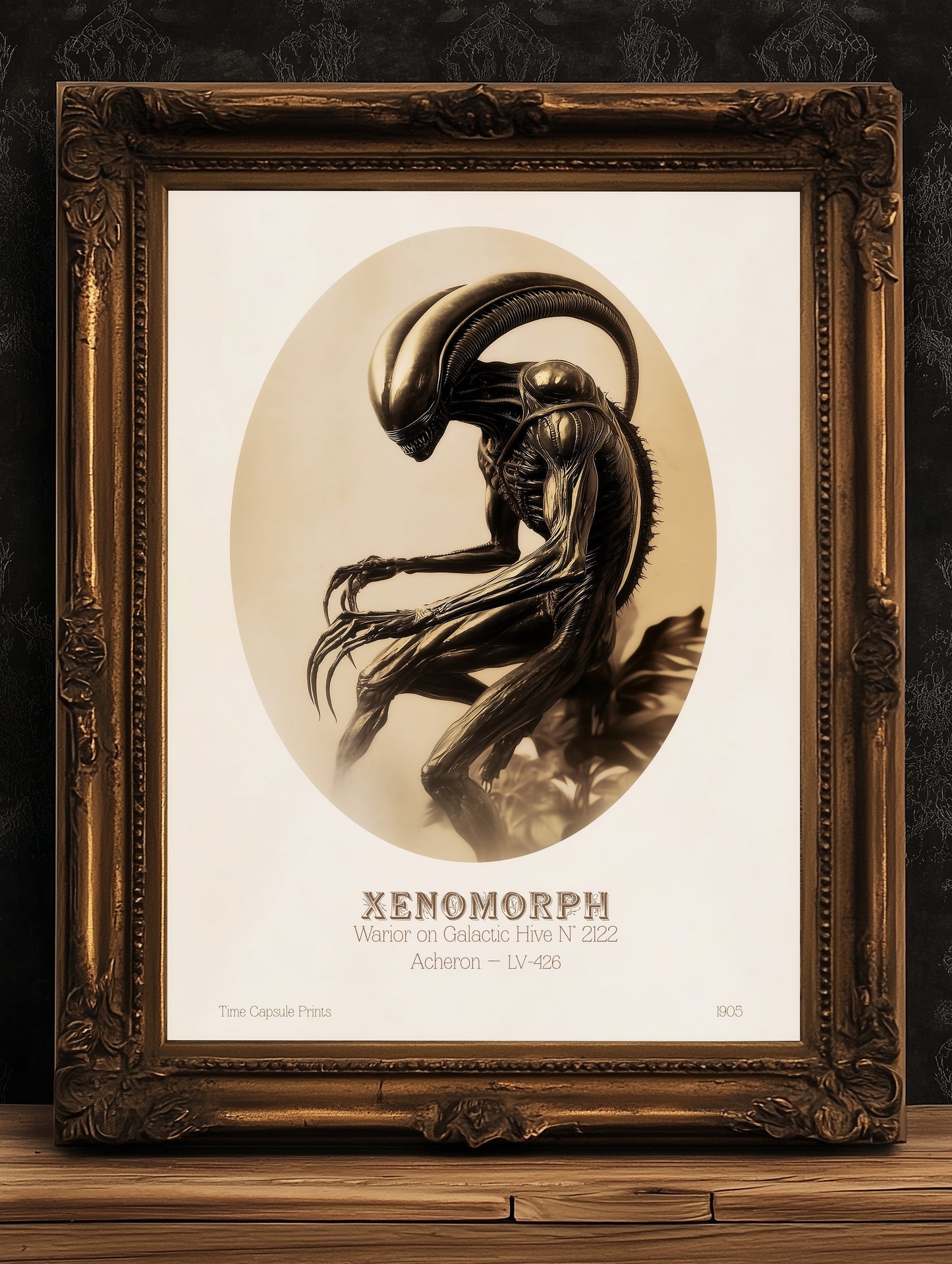 Vintage Gothic Xenomorph Postcard Art Poster, Alien Horror Wall Decor, Sci-Fi Gothic Aesthetic, Dark Fantasy Poster, Retro Futurism Wall Art
