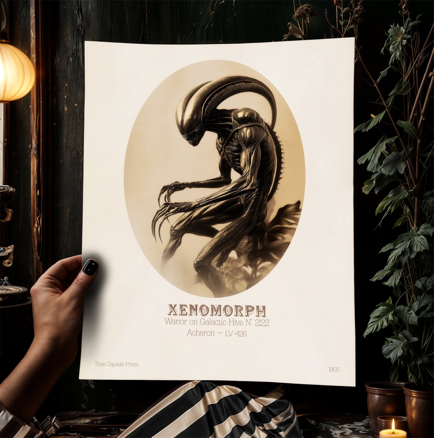 Vintage Gothic Xenomorph Postcard Art Poster, Alien Horror Wall Decor, Sci-Fi Gothic Aesthetic, Dark Fantasy Poster, Retro Futurism Wall Art