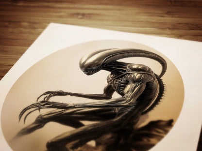 Vintage Gothic Xenomorph Postcard Art Poster, Alien Horror Wall Decor, Sci-Fi Gothic Aesthetic, Dark Fantasy Poster, Retro Futurism Wall Art