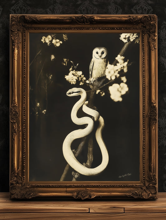 Vintage Owl and Snake Art Print - Dark Academia Aesthetic, Gothic Nature Wall Decor, Mysterious Animal Poster, Antique Black and White Print