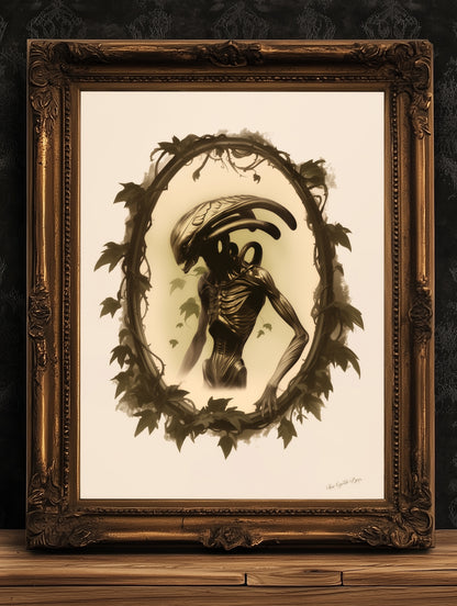 Vintage Gothic Xenomorph Art Print - Alien Horror Wall Decor, Sci-Fi Gothic Aesthetic, Dark Fantasy Poster, Retro Futurism Wall Art