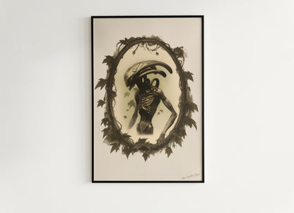 Vintage Gothic Xenomorph Art Print - Alien Horror Wall Decor, Sci-Fi Gothic Aesthetic, Dark Fantasy Poster, Retro Futurism Wall Art
