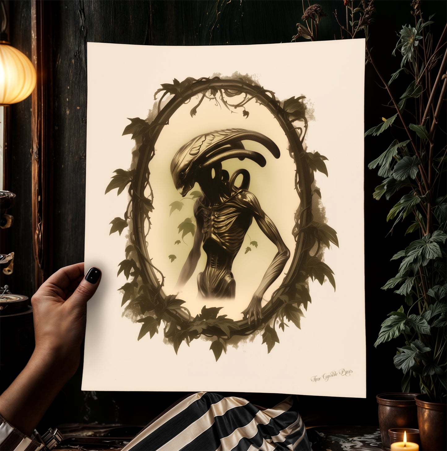 Vintage Gothic Xenomorph Art Print - Alien Horror Wall Decor, Sci-Fi Gothic Aesthetic, Dark Fantasy Poster, Retro Futurism Wall Art