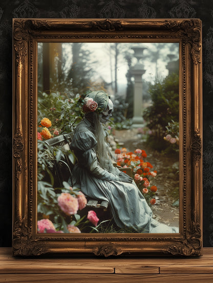 Gothic Undead Skull Banshee Garden Photograph, Ghost Print, Dark Moody Wall Art. Skeleton Occult Print Poster, Dark Academia Decor