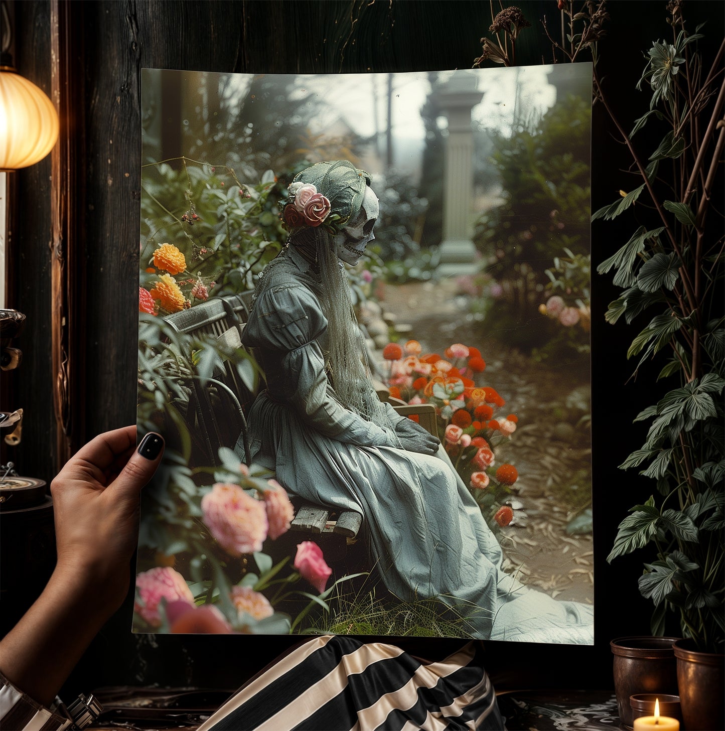Gothic Undead Skull Banshee Garden Photograph, Ghost Print, Dark Moody Wall Art. Skeleton Occult Print Poster, Dark Academia Decor