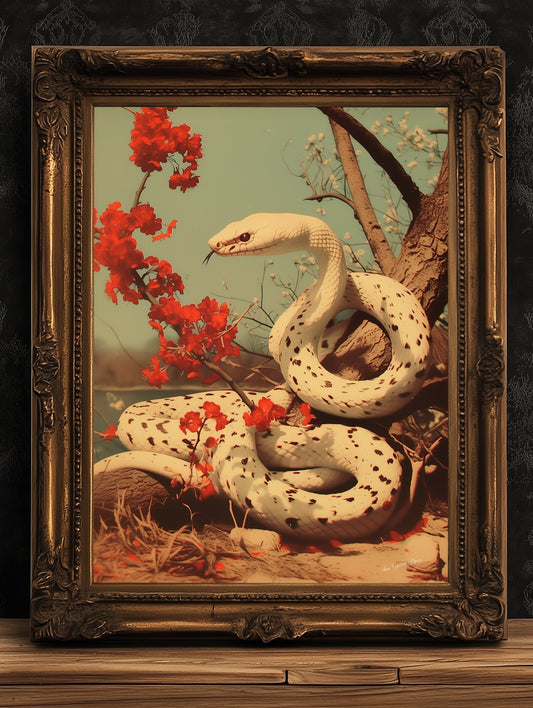 Vintage White Snake Wall Art Print, Albino Serpent Python Poster with Floral Accents, Gothic Dark Academia Aesthetic Room Decor, 新年快乐