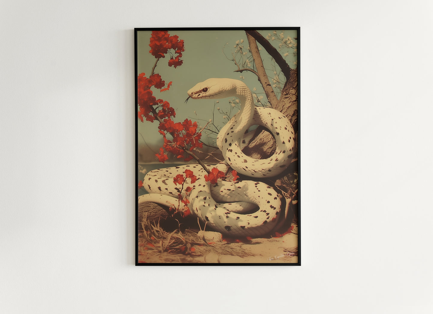 Vintage White Snake Wall Art Print, Albino Serpent Python Poster with Floral Accents, Gothic Dark Academia Aesthetic Room Decor, 新年快乐