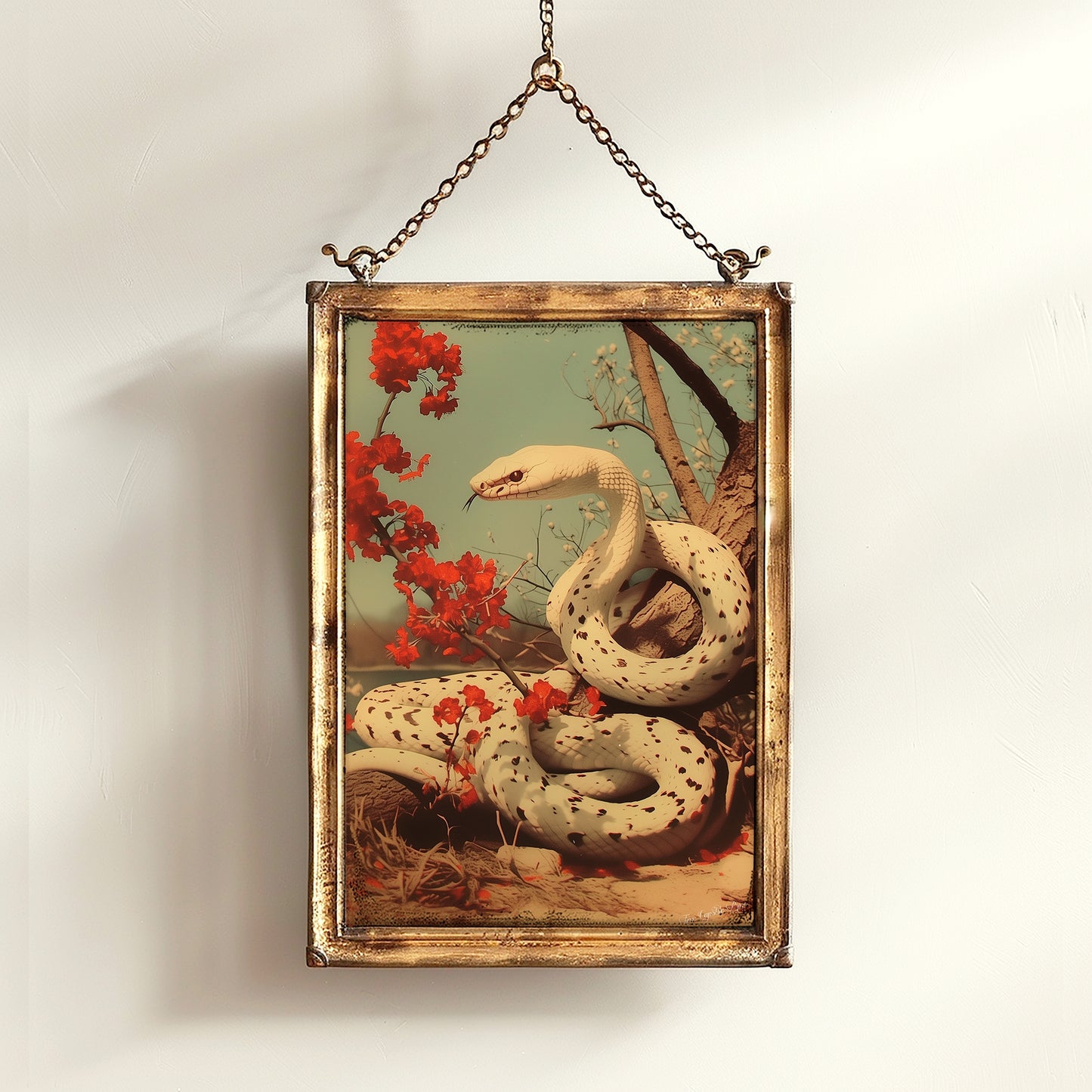 Vintage White Snake Wall Art Print, Albino Serpent Python Poster with Floral Accents, Gothic Dark Academia Aesthetic Room Decor, 新年快乐
