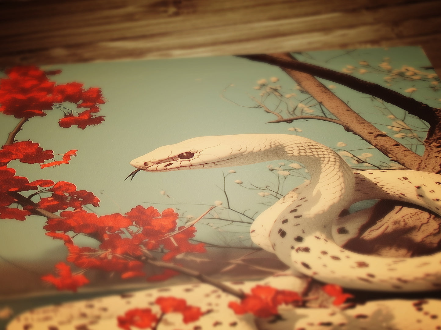 Vintage White Snake Wall Art Print, Albino Serpent Python Poster with Floral Accents, Gothic Dark Academia Aesthetic Room Decor, 新年快乐