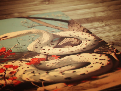 Vintage White Snake Wall Art Print, Albino Serpent Python Poster with Floral Accents, Gothic Dark Academia Aesthetic Room Decor, 新年快乐